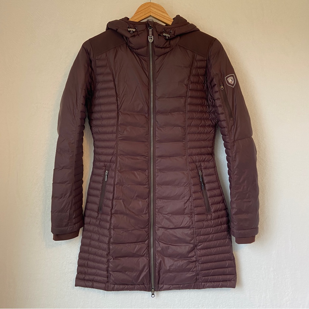 Kuhl Womens Maroon Spyfire Down Long Puffer Coat Hooded Parka Size Xs